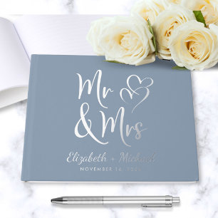 Chic Mr Mrs Photo Dusty Blue Wedding Silver Foil Guest Book