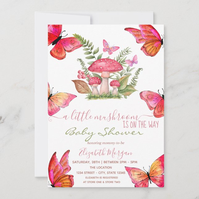 Chic Mushrooms Butterfly Dotted Baby Shower Invitation (Front)