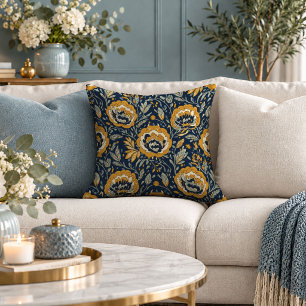 Chic Mustard Blue Botanical Accent Throw Pillow