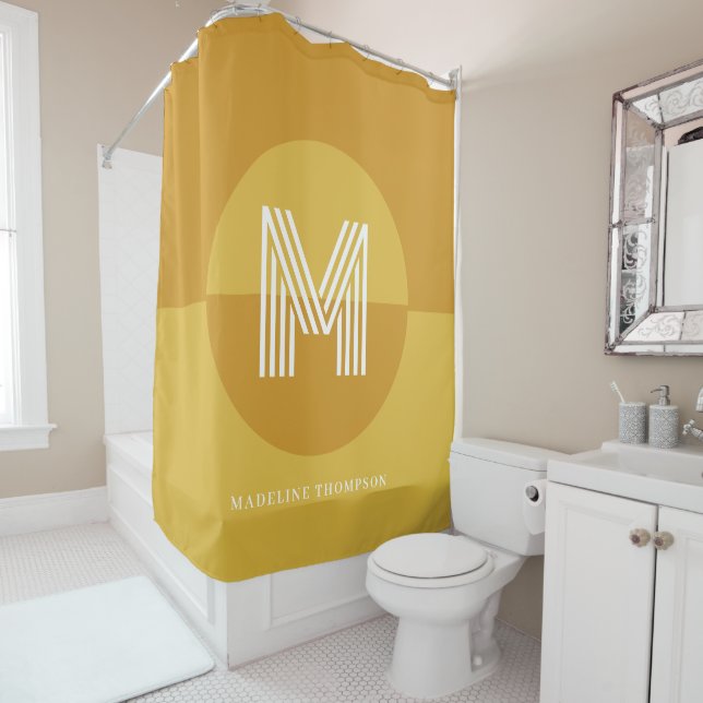 Chic Mustard Yellow Geometric Modern Monogram Shower Curtain (In Situ)