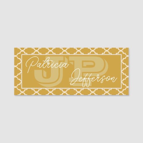 Chic Mustard Yellow Moroccan Quatrefoil Monogram Name Tag