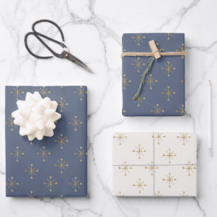 Chic Muted Blue Ivory & Gold Star Wrapping Paper Sheets