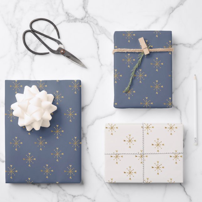 Chic Muted Blue Ivory & Gold Star Wrapping Paper Sheets (Front)