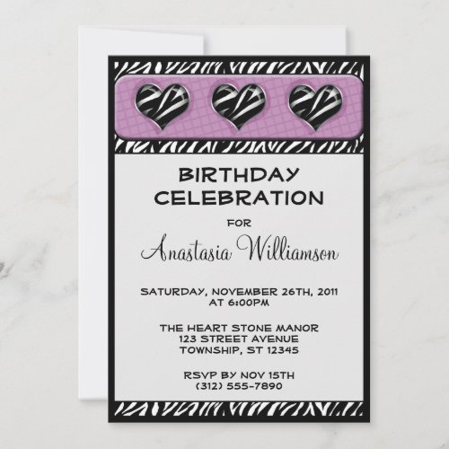 Chic My Heart Zebra Print Purple Birthday Invite
