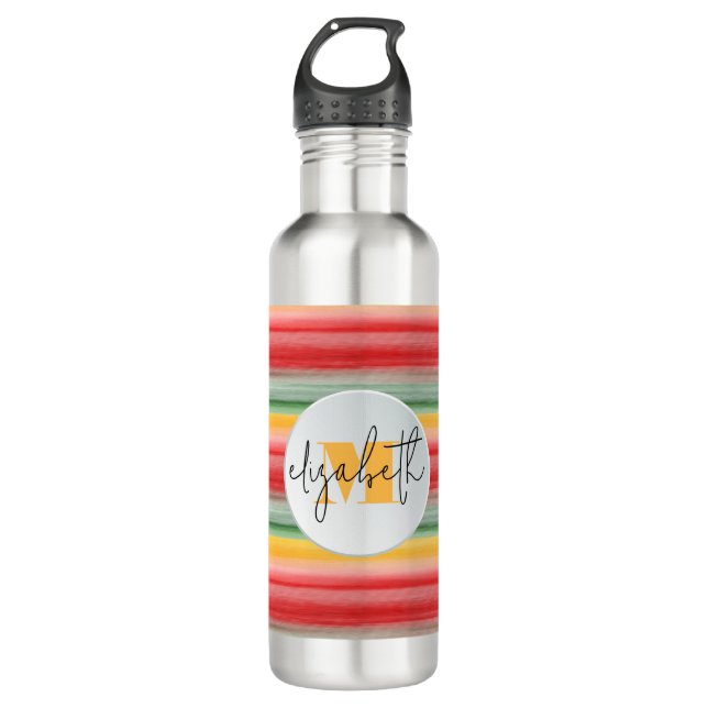 Chic Name and Monogram on Stripes Stainless Steel Water Bottle (Front)