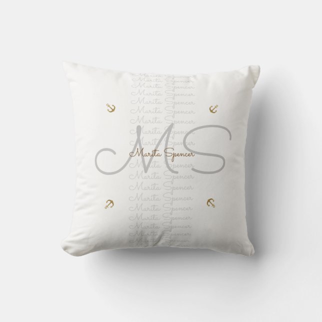 chic name & initials with anchors , monogram white outdoor pillow (Front)