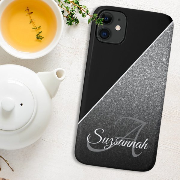 Chic Name Monogram Black Silver Glitter Ombre