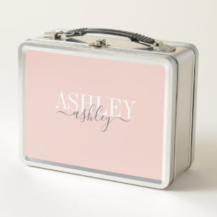 Chic Name Monogram Blush Pink Gray Elegant Metal Lunch Box