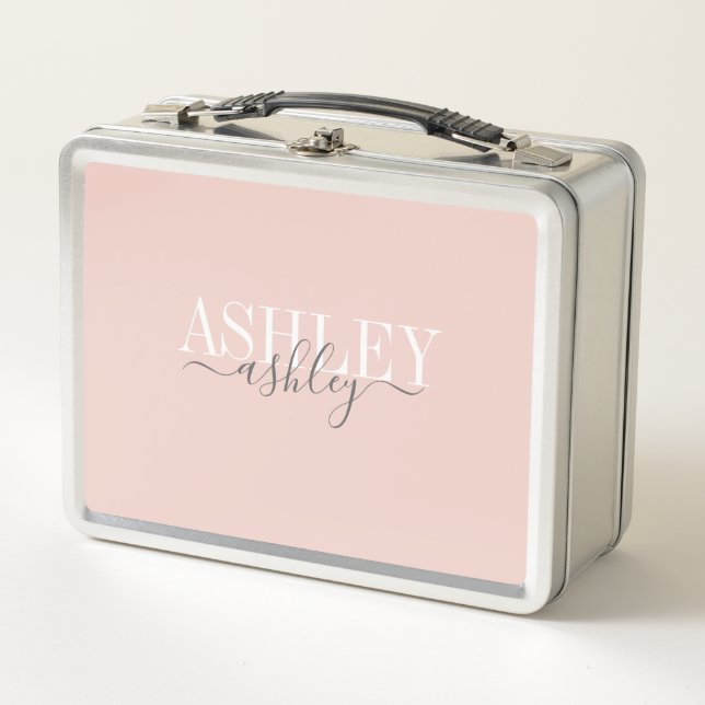 Chic Name Monogram Blush Pink Gray Elegant Metal Lunch Box (Front)