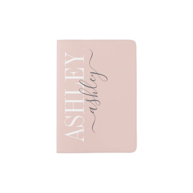 Chic Name Monogram Blush Pink Gray Elegant Passport Holder (Front)
