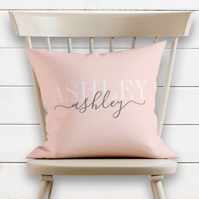 Chic Name Monogram Blush Pink Gray Elegant Throw Pillow (Creator Uploaded)