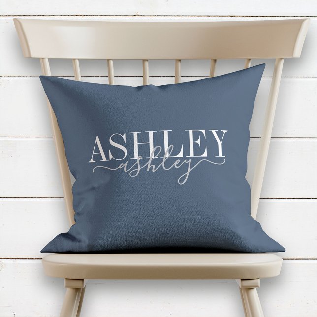 Chic Name Monogram Navy Blue Gray Elegant Throw Pillow (Creator Uploaded)