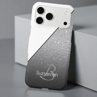 Chic Name Monogram White Silver Glitter Ombre iPhone 17 Pro Max Case