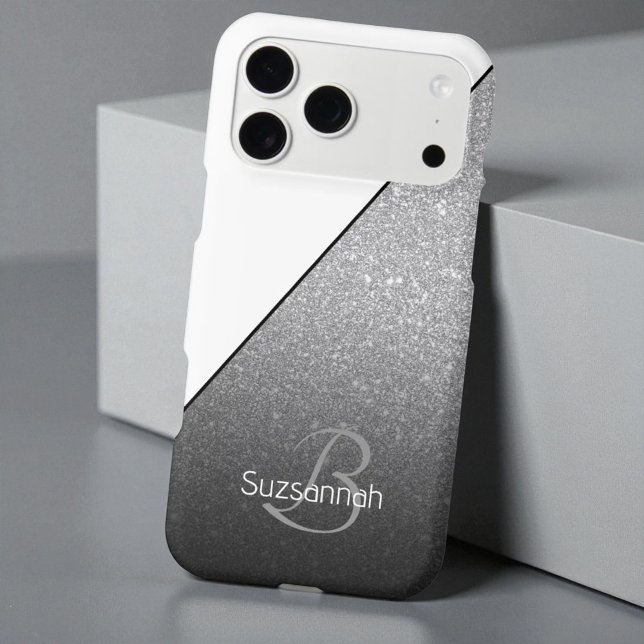 Chic Name Monogram White Silver Glitter Ombre iPhone Case (iPhone case back diagonal design of white and faux silver. Monogram initial and name template.)