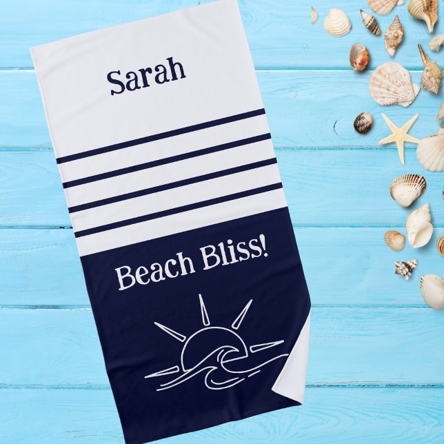 Chic Name Navy Blue Stripes Ocean Beach Towel (Creator Uploaded)