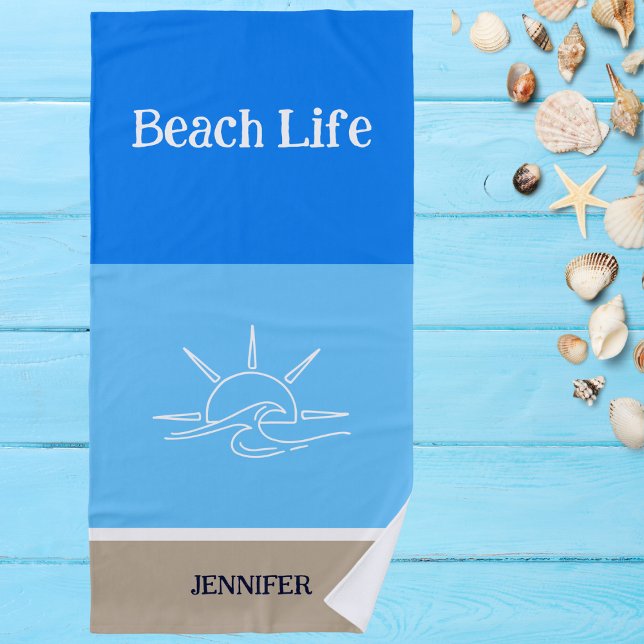 Chic Name Tan White and Blue Stripes  Beach Towel (Creator Uploaded)