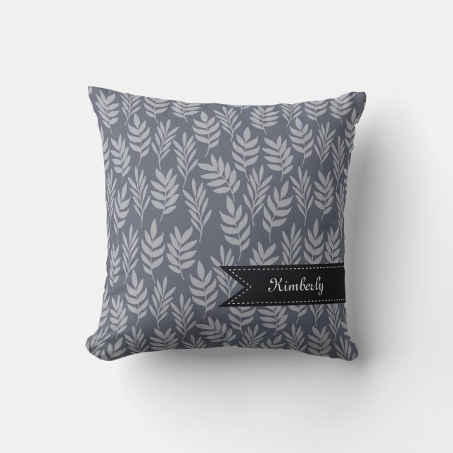 Chic Name With Elegant Slate Gray Leaves Pattern Throw Pillow (Front)