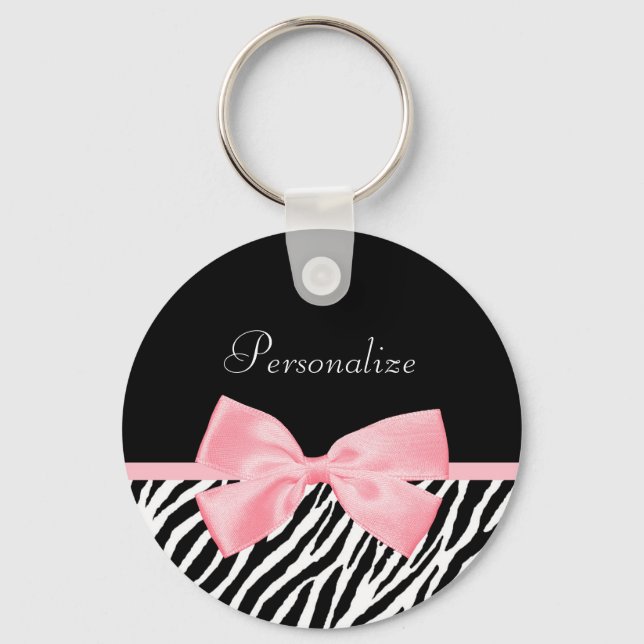 Chic Name Zebra Print Soft Girly Light Pink Ribbon Keychain (Front)