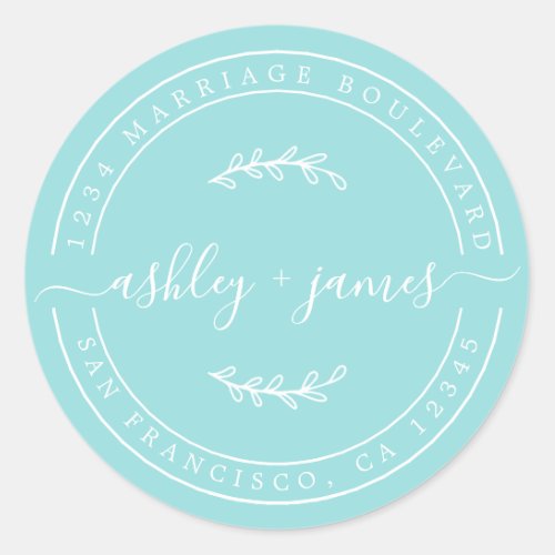 Chic Names Turquoise Blue Wedding Return Address Classic Round Sticker