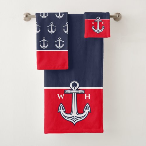 Chic Nautical Anchor Bathroom Red White Navy Blue Bath Towel Set