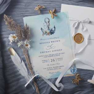 Chic Nautical Anchor Beach Modern QR Code Wedding  Invitation
