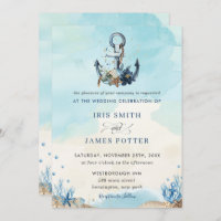 Chic Nautical Anchor Beach Modern Wedding Invitation