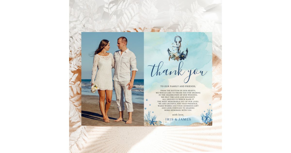 Chic Nautical Anchor Beach Modern Wedding Photo Thank You Card | Zazzle