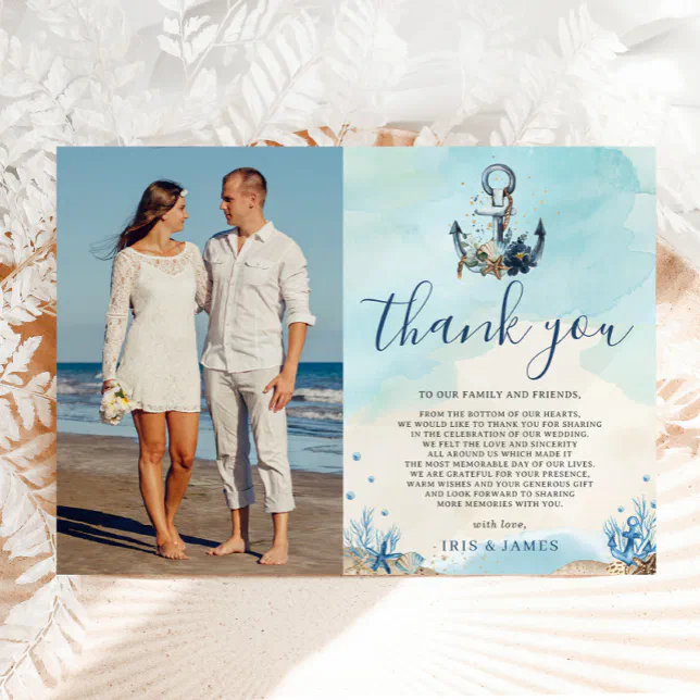 Chic Nautical Anchor Beach Modern Wedding Photo Thank You Card | Zazzle