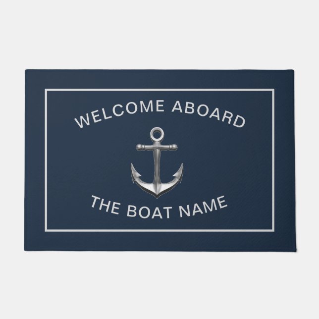 Chic Nautical Anchor Boat Navy Blue Personalised Doormat (Front)