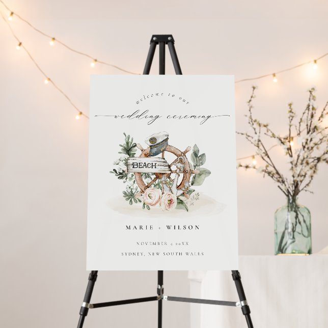 Chic Nautical Anchor Wheel Leafy Wedding Welcome Foam Board (In Situ (Stand))