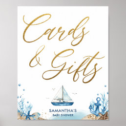 Chic Nautical Baby Shower Blue Gold Cards &amp; Gifts  Poster