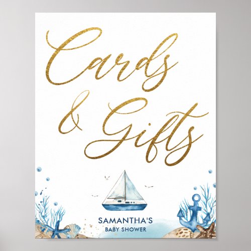 Chic Nautical Baby Shower Blue Gold Cards  Gifts  Poster