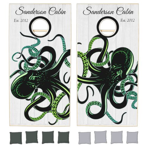  Chic Nautical Black Octopus Coastal White Wood  C Cornhole Set