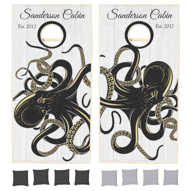  Chic Nautical Black Octopus Coastal White Wood  C Cornhole Set (Set)