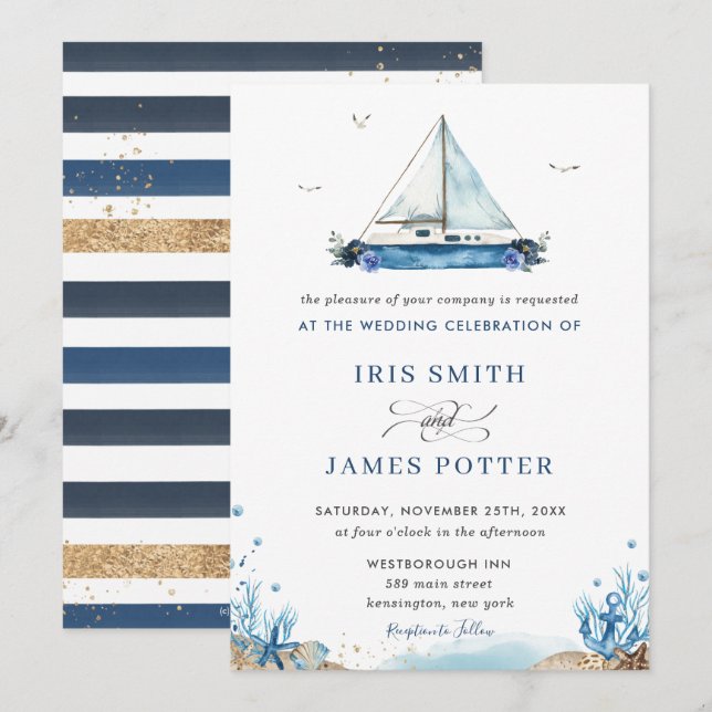 Chic Nautical Blue Boat Beach Modern Wedding Invitation (Front/Back)
