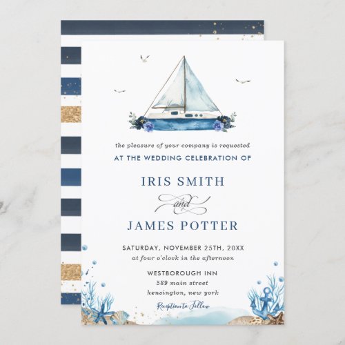 Chic Nautical Blue Boat Beach Modern Wedding Invitation