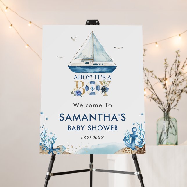Chic Nautical Blue Boat Boy Baby Shower Welcome  Foam Board (In Situ (Stand))
