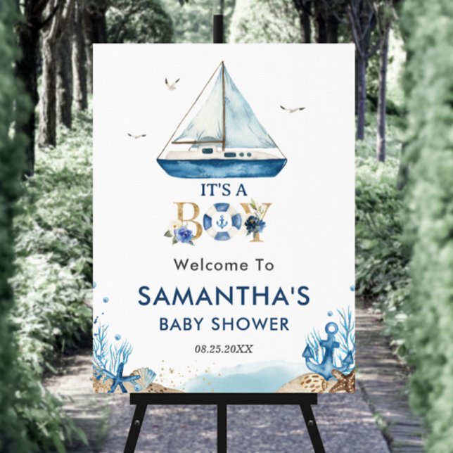 Chic Nautical Blue Boat Boy Baby Shower Welcome  Foam Board (Creator Uploaded)