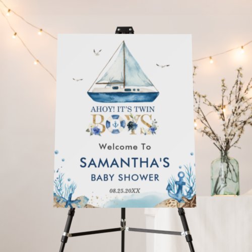 Chic Nautical Blue Boat Twins Baby Shower Welcome Foam Board