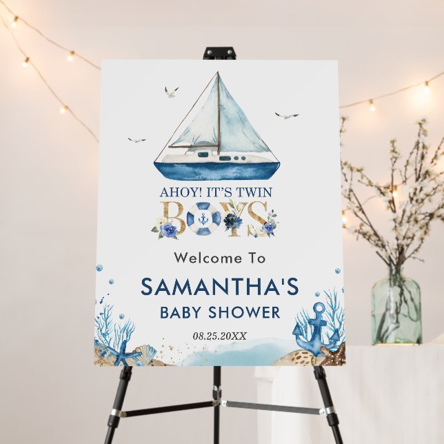 Chic Nautical Blue Boat Twins Baby Shower Welcome Foam Board (In Situ (Stand))