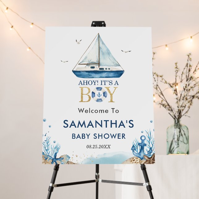 Chic Nautical Blue Yacht Boy Baby Shower Welcome  Foam Board (In Situ (Stand))