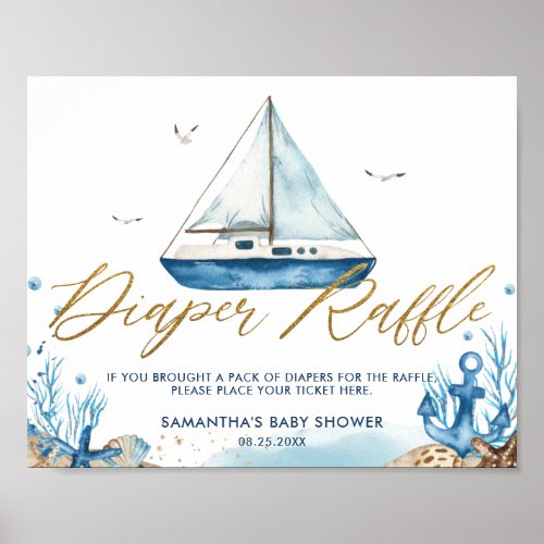 Chic Nautical Boat Gold Baby Shower Diaper Raffle  Poster