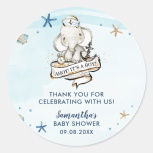 Chic Nautical Cute Elephant Boy Baby Shower Favor Classic Round Sticker