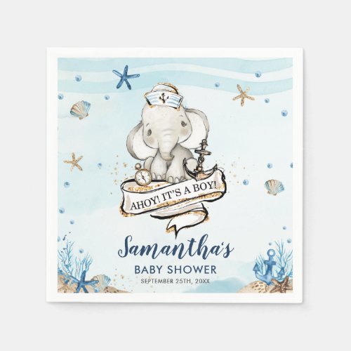 Chic Nautical Cute Elephant Boy Baby Shower Napkins