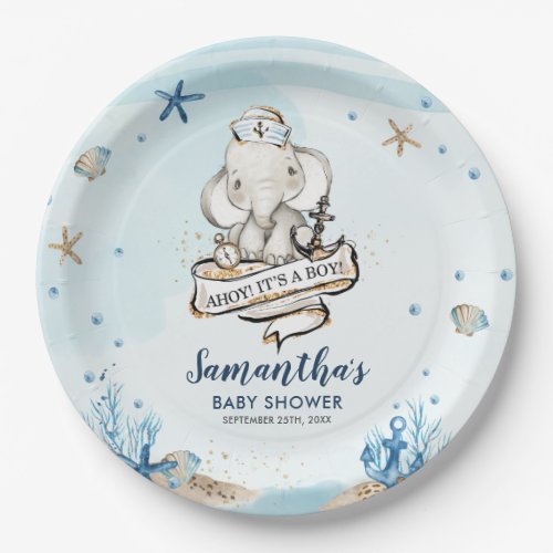 Chic Nautical Cute Elephant Boy Baby Shower Paper Plates