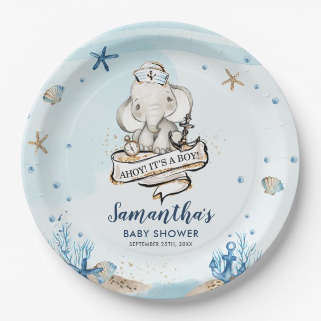 Chic Nautical Cute Elephant Boy Baby Shower Paper Plates (Front)