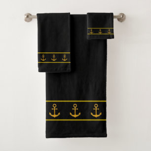 Chic Nautical, Elegant, Golden Anchors on Black Bath Towel Set