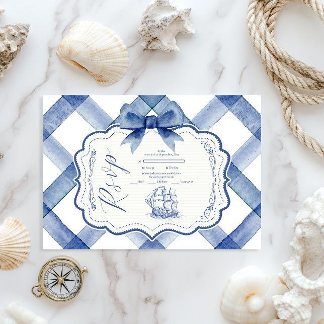 Chic Nautical Navy Blue Bow Wedding RSVP Card (Creator Uploaded)