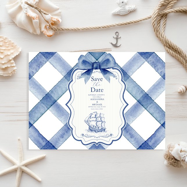 Chic Nautical Navy Blue Bow Wedding Save The Date (Creator Uploaded)