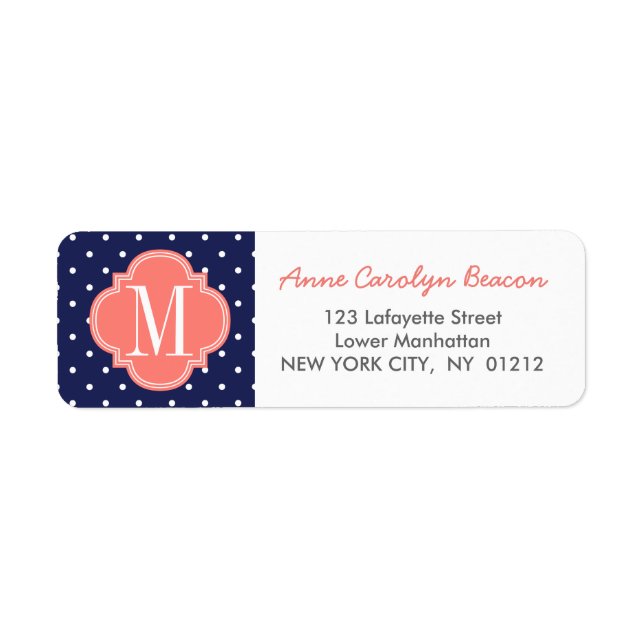 Chic Nautical Navy Polka Dots Coral Personalized Label (Front)